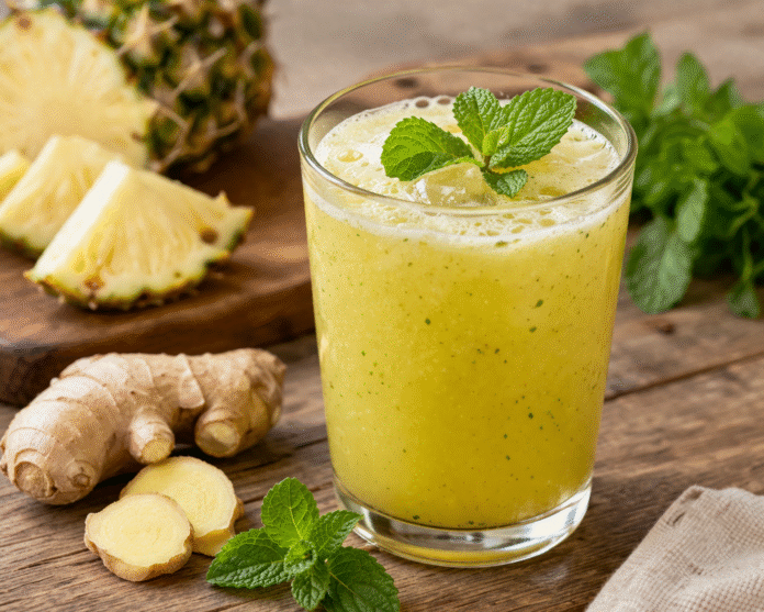 ChatGPT Image 9 de abr. de 2026, 11_28_05 suco funcional de abacaxi com hortelã e gengibre em copo transparente