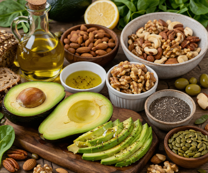 ChatGPT Image 9 de abr. de 2026, 11_57_18 alimentos com gorduras boas como abacate, azeite e castanhas