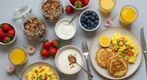 download (26) mesa de café da manhã saudável com frutas, ovos e alimentos naturais